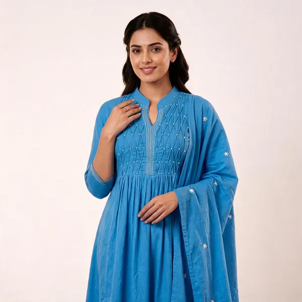 Blue_Cotton_Anarkali_Pintuck_Pearl_Suit_Set_For_Women