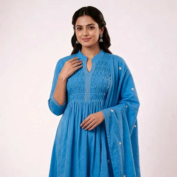 Blue_Cotton_Anarkali_Pintuck_Pearl_Suit_Set_For_Women