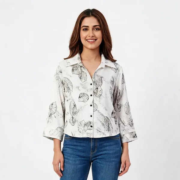 White_Satin_Boxy_Skeletal_Leaf_Print_Crop_Shirt_For_Women