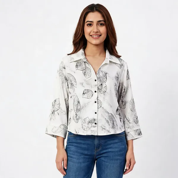 White_Satin_Boxy_Skeletal_Leaf_Print_Crop_Shirt_For_Women