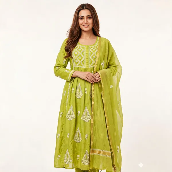 Lime_Green_Chanderi_Gathered_Anarkali_Suit_Set_For_Women