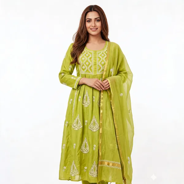 Lime_Green_Chanderi_Gathered_Anarkali_Suit_Set_For_Women
