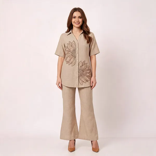 Beige_Linen_Sunflower_Embroidered_Co-Ord_Set_For_Women