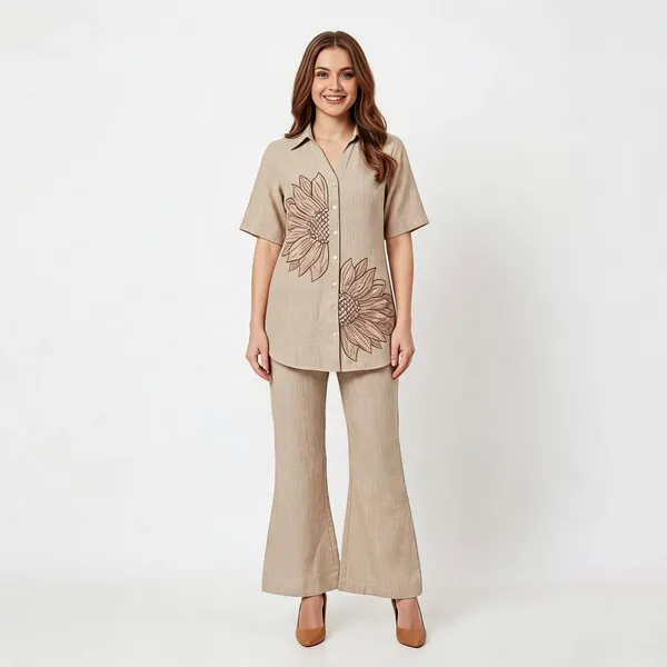 Beige_Linen_Sunflower_Embroidered_Co-Ord_Set_For_Women
