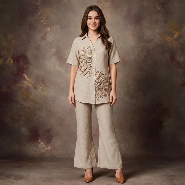 Beige_Linen_Sunflower_Embroidered_Co-Ord_Set_For_Women