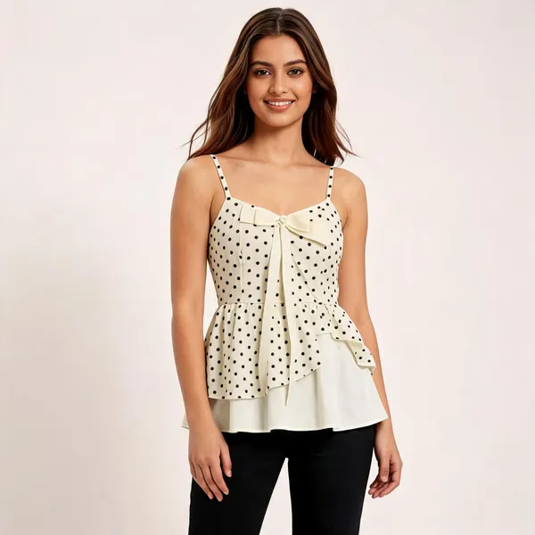 Ivory_Satin_Corset-Style_Polka_Dot_Peplum_Top_For_Women