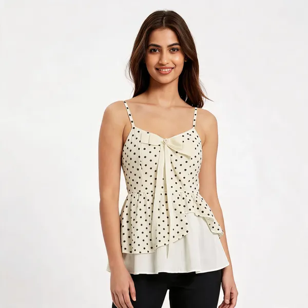 Ivory_Satin_Corset-Style_Polka_Dot_Peplum_Top_For_Women