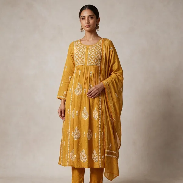 Mustard_Chanderi_Chikankari_Gathered_Anarkali_Suit_Set_For_Women