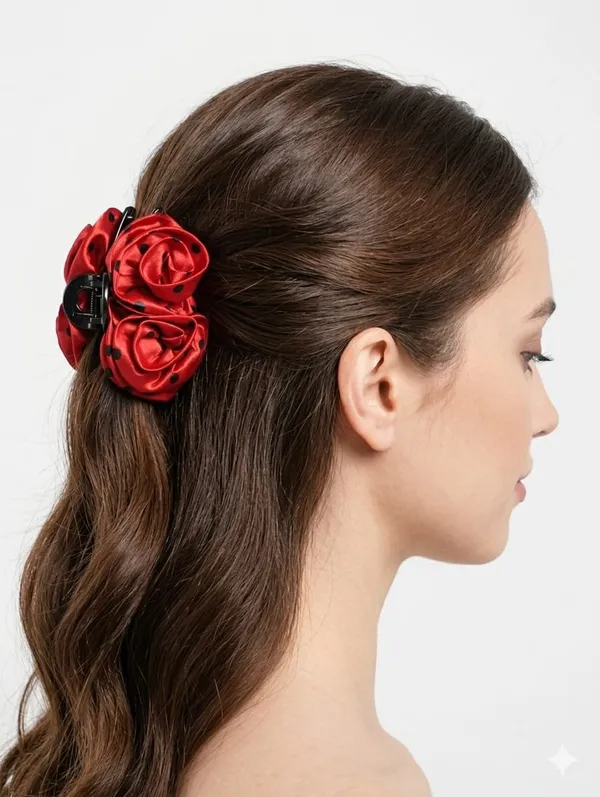 Red_Satin_Polka_Dot_Rose_Fabric_Hair_Clutcher_For_Women