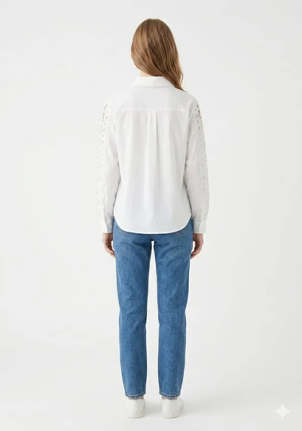 White_Cotton_Relaxed_Lace_Collar_Eyelet_Sleeve_Shirt_For_Women