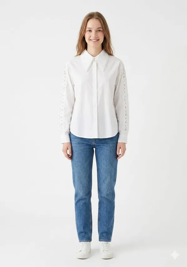 White_Cotton_Relaxed_Lace_Collar_Eyelet_Sleeve_Shirt_For_Women