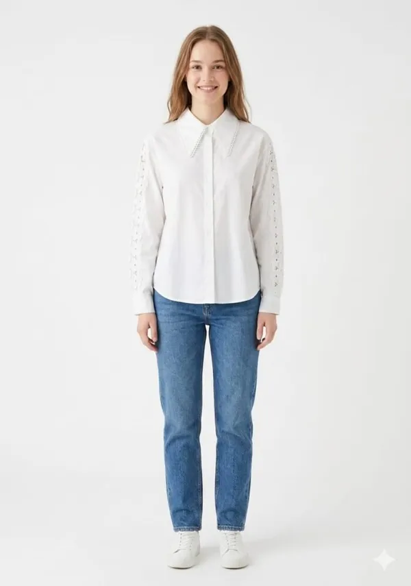 White_Cotton_Relaxed_Lace_Collar_Eyelet_Sleeve_Shirt_For_Women