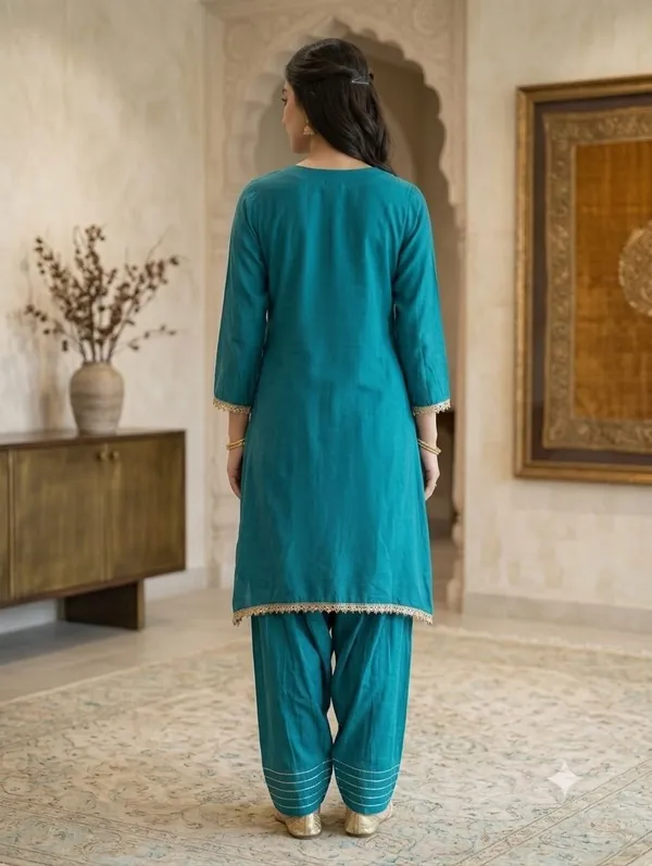Teal_Blue_Asymmetric_Kurta_with_/Salwar_Set