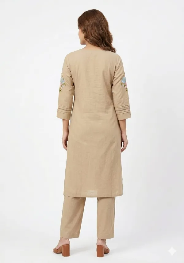 Beige_Linen_Straight_Pintuck_Floral_Embroidered_Kurta_Suit_Set_For_Women