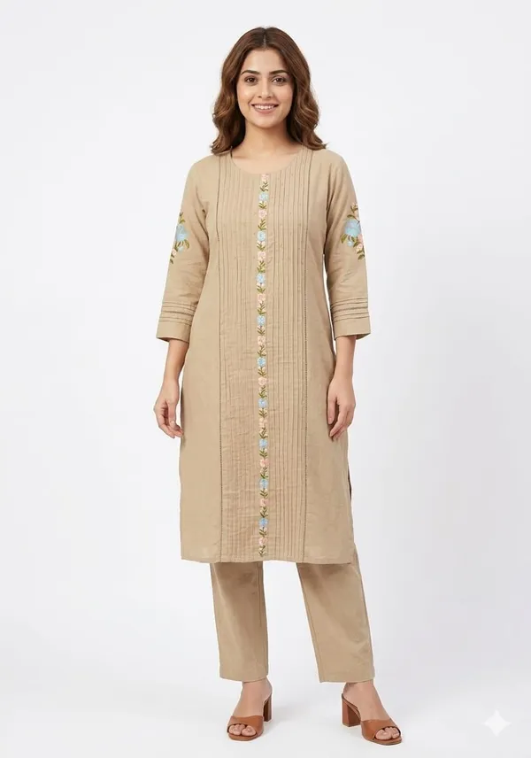 Beige_Linen_Straight_Pintuck_Floral_Embroidered_Kurta_Suit_Set_For_Women