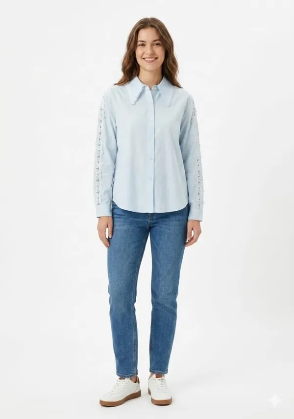 Sky_Blue_Cotton_Relaxed_Lace_Collar_Eyelet_Sleeve_Shirt_For_Women