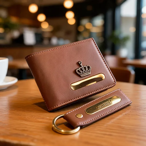 Brown_Pu_Leather_Personalized_Bifold_Wallet_Keychain_Combo_For_Men