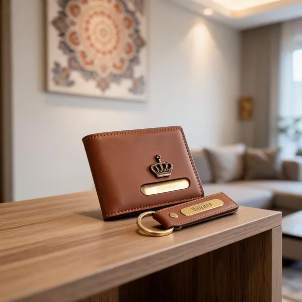 Brown_Pu_Leather_Personalized_Bifold_Wallet_Keychain_Combo_For_Men