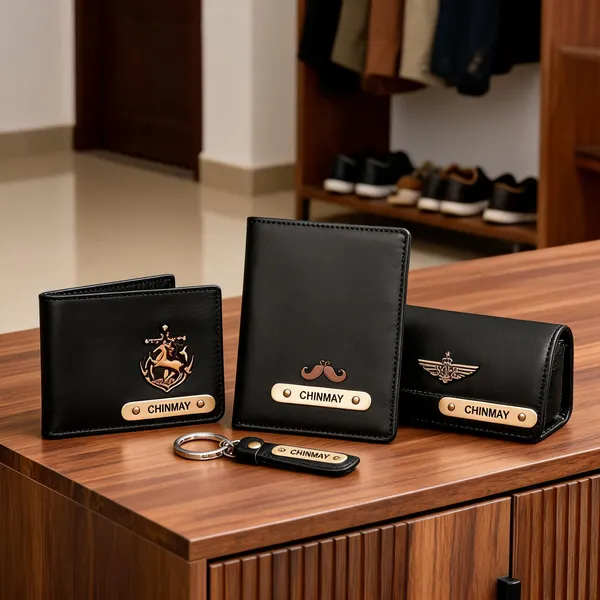 Black_Pu_Leather_Personalized_Wallet_Keychain_Card_Holder_Gift_Set_For_Men_Set_Of_4