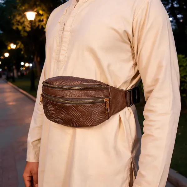 Brown_Pu_Leather_Textured_Waist_Bag_For_Men