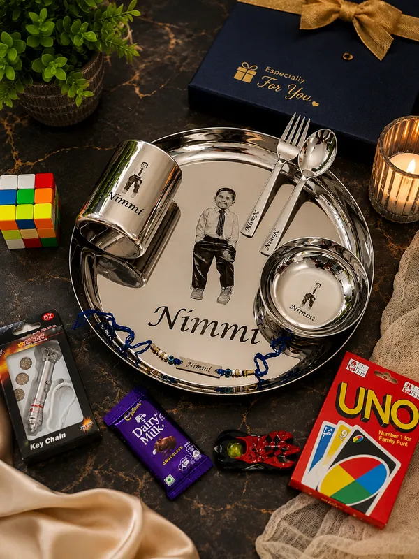 Customized_steel_plate_set!_rakhi_Hamper_for_chota_bhai