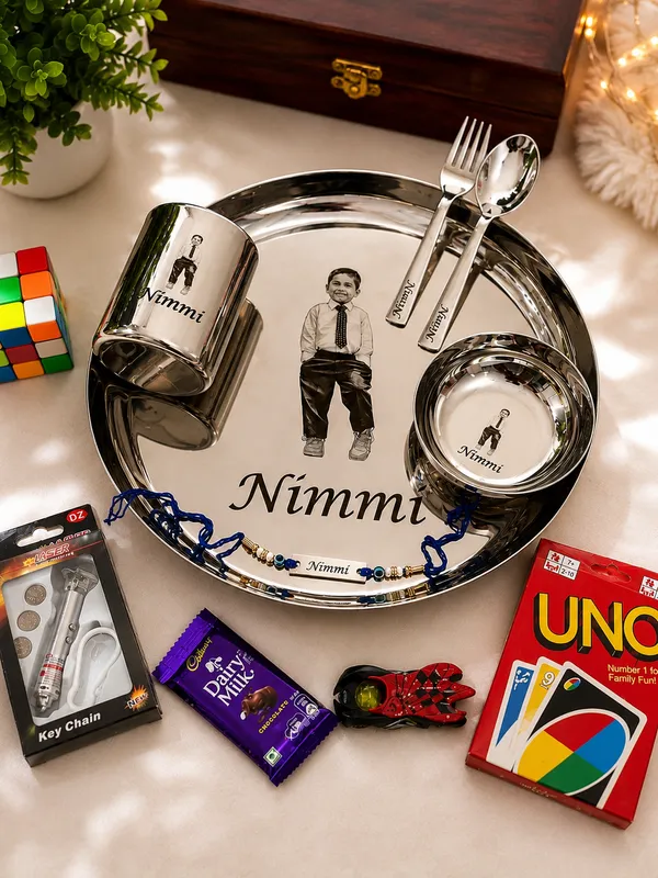 Customized_steel_plate_set!_rakhi_Hamper_for_chota_bhai