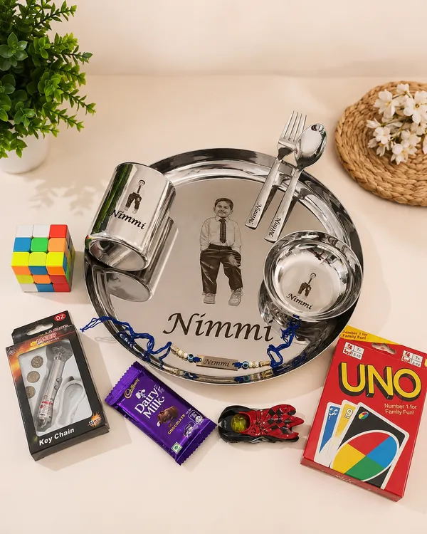 Customized_steel_plate_set!_rakhi_Hamper_for_chota_bhai