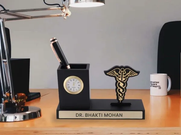 Heavy_Fibre_Professional_Caduceus_Desk_Organizer_With_Clock_Pen_Holder
