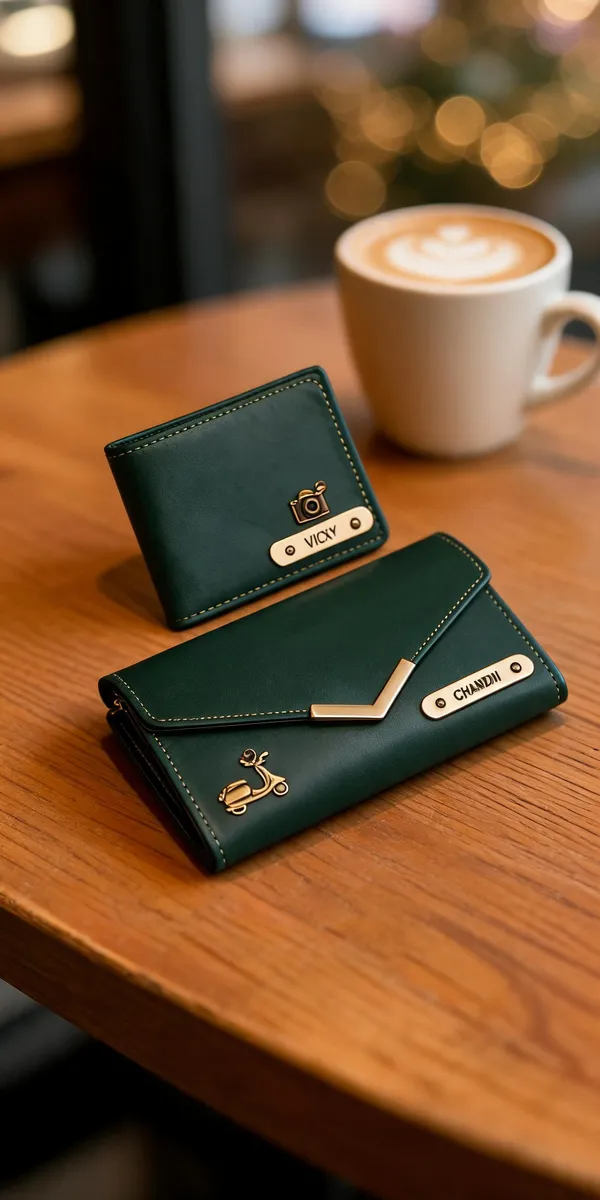 Green_Pu_Leather_Personalized_Couple_Bifold_Wallet_Clutch_Set_Of_2