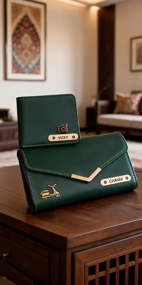 Green_Pu_Leather_Personalized_Couple_Bifold_Wallet_Clutch_Set_Of_2