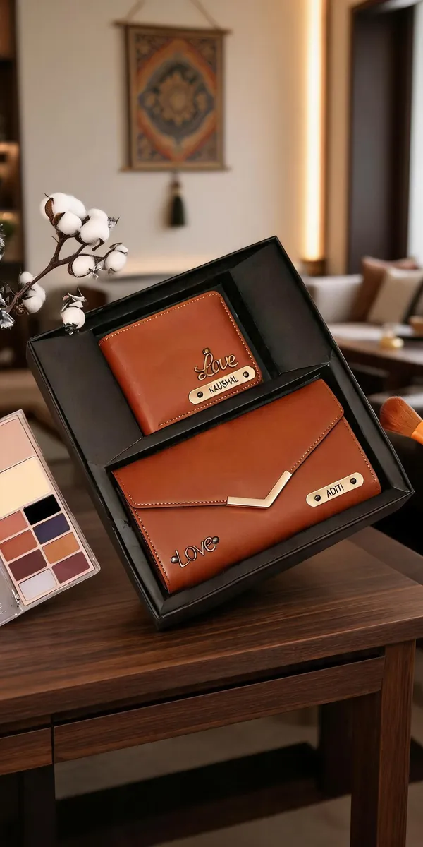 Tan_Pu_Leather_Personalized_Couple_Bifold_Wallet_Set_For_Couples_Set_Of_2
