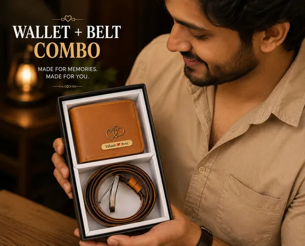 Tan_Pu_Leather_Personalized_Bifold_Wallet_And_Belt_Combo_For_Men