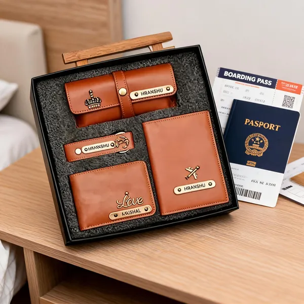Tan_Pu_Leather_Personalized_Wallet_Keychain_Passport_Cover_Gift_Set
