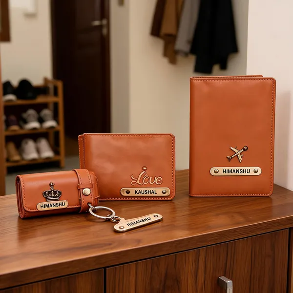 Tan_Pu_Leather_Personalized_Wallet_Keychain_Passport_Cover_Gift_Set