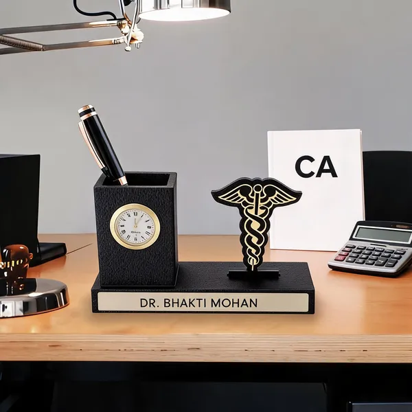 Heavy_Fibre_Professional_Caduceus_Desk_Organizer_With_Clock_Pen_Holder