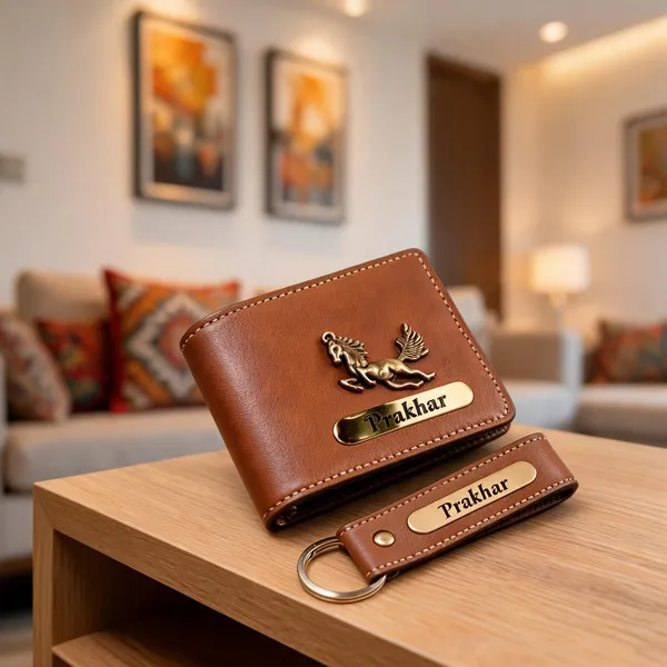 Tan_Pu_Leather_Personalized_Wallet_And_Keychain_Combo_For_Men