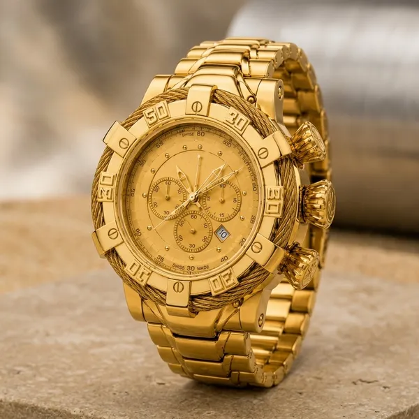 Gold_Stainless_Steel_Chronograph_Cable_Wire_Accent_Watch_For_Men