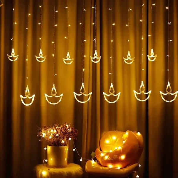 Desidiya®_Warm_White_Diya/Diwali_Light_Curtain,String_Lights_with_Pack_of_12_Hanging_Diyas,_8_Flashing_Modes,_Decoration