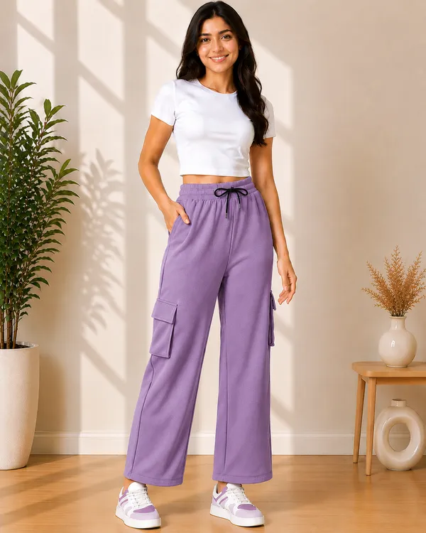 Cream_And_Purple_Polyester_Elastane_Wide_Leg_Cargo_Pants_For_Women_Pack_Of_2