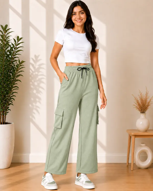 Pista_Green_And_Cream_Polyester_Elastane_Wide_Leg_Cargo_Trousers_For_Women_Pack_Of_2