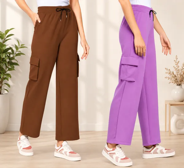 Wine_And_Purple_Polyester_Elastane_Wide_Leg_Cargo_Pants_For_Women_Pack_Of_2