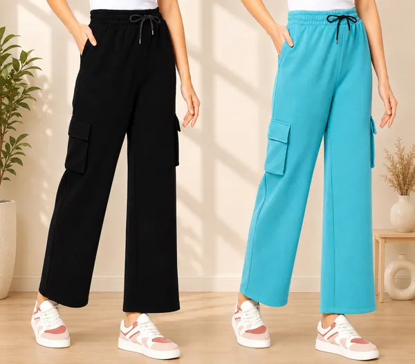 Black_And_Rama_Green_Polyester_Elastane_Wide_Leg_Cargo_Pants_For_Women_Pack_Of_2