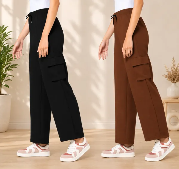 Black_And_Wine_Polyester_Elastane_Wide_Leg_Cargo_Pants_For_Women_Pack_Of_2