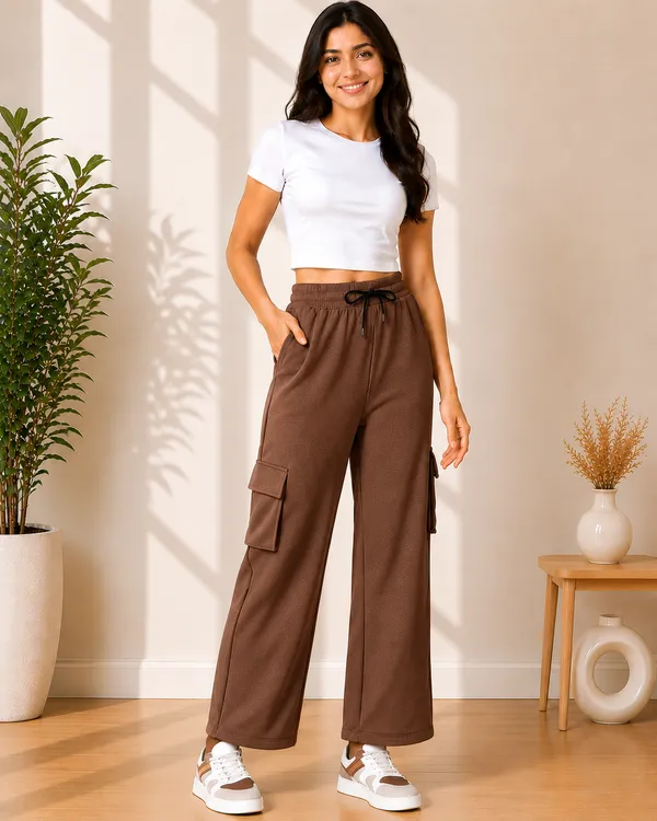 Wine_And_Purple_Polyester_Elastane_Wide_Leg_Cargo_Pants_For_Women_Pack_Of_2