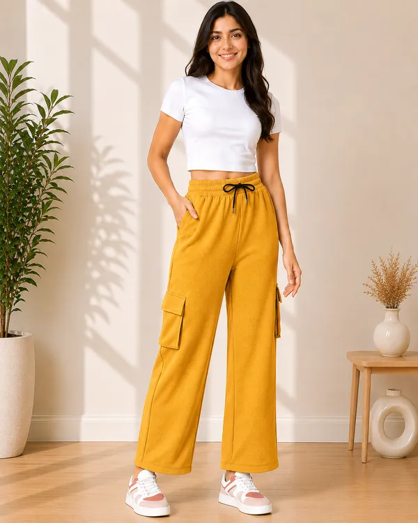 Yellow_And_Black_Polyester_Elastane_Wide_Leg_Cargo_Pants_For_Women_Pack_Of_2