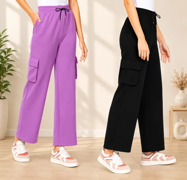 Purple_And_Black_Polyester_Elastane_Wide_Leg_Cargo_Pants_For_Women_Pack_Of_2