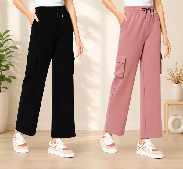 Black_And_Peach_Cotton_Elastane_Wide_Leg_Cargo_Jogger_Pants_For_Women_Pack_Of_2