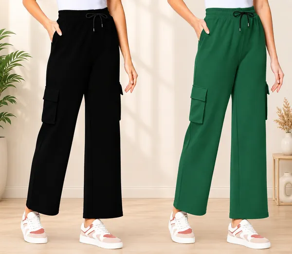 Black_And_Green_Polyester_Elastane_Wide_Leg_Cargo_Pants_For_Women_Pack_Of_2