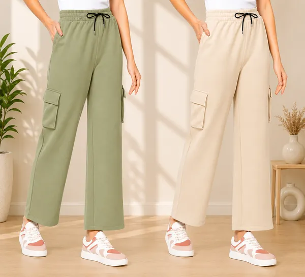 Pista_Green_And_Cream_Polyester_Elastane_Wide_Leg_Cargo_Trousers_For_Women_Pack_Of_2