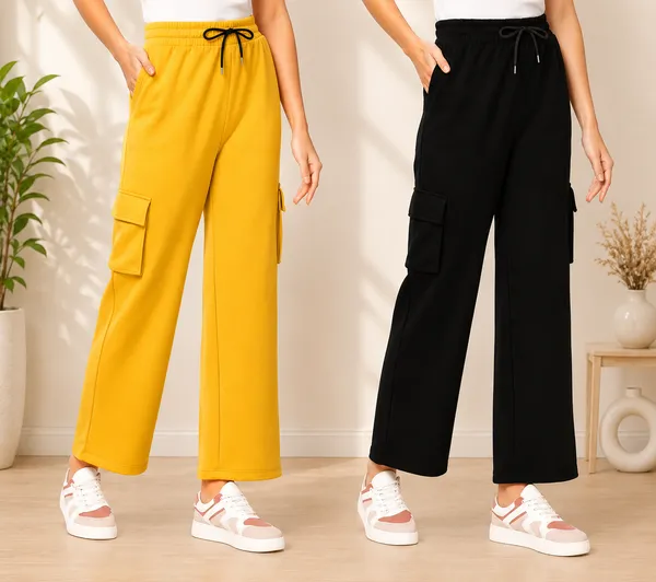 Yellow_And_Black_Polyester_Elastane_Wide_Leg_Cargo_Pants_For_Women_Pack_Of_2